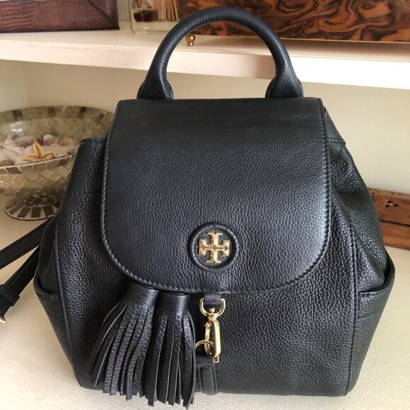 Tory Burch Handbags - TORY BURCH Whipstitch Leather Logo Black Backpack